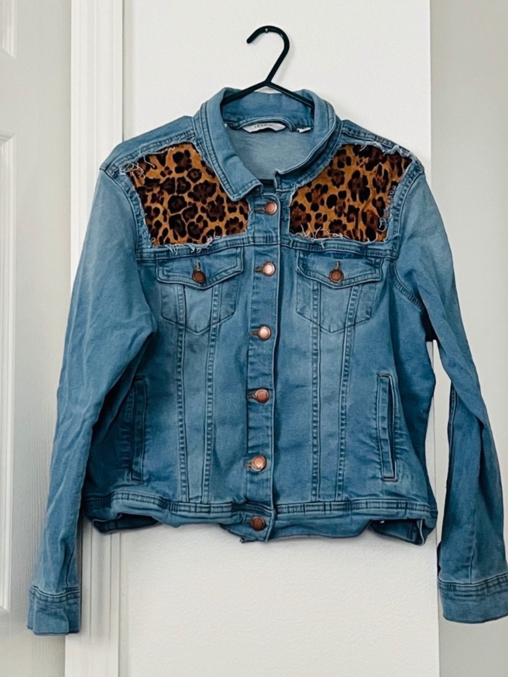 Jean jacket with leopard print panels